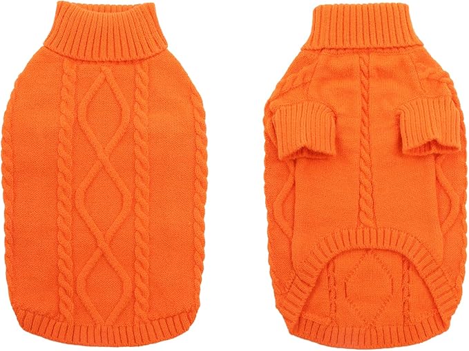 Queenmore Small Dog Pullover Sweater, Cold Weather Cable Knitwear, Classic Turtleneck Thick Warm Clothes for Chihuahua, Bulldog, Dachshund, Pug (Orange, Medium)