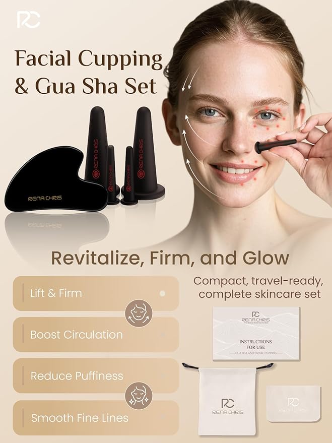 Rena Chris Facial Cupping Set & Gua Sha Facial Tool - Silicone Cupping Set & Obsidian Gua Sha Stone - Face Cupping Therapy Set for Natural Skin Care, Puffiness, Lip Plumping(Black)