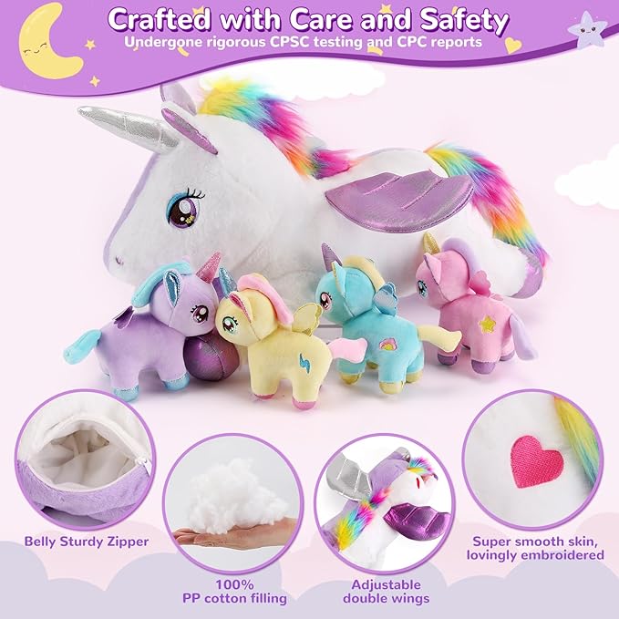 5 Pieces Unicorn Stuffed Animals - 1 Mommy Stuffed Unicorn with 4 Babies - Unicorns Gifts for Girls Ages 3 4 5 6 7 8, Unicorns Plush Toys for Christmas, Valentine's, Birthday Gifts (Purple)