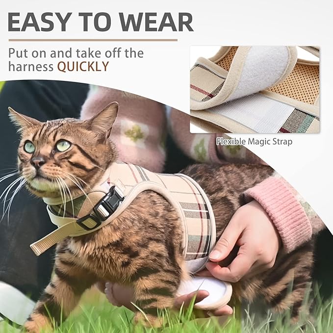 PUPTECK Soft Mesh Cat Vest Harness and Leash Set Puppy Padded Pet Harnesses Escape Proof for Cats Small Dogs Rabbits Bunny, Plaid Beige, L