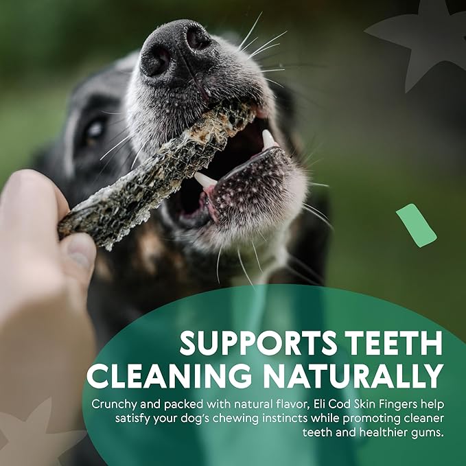Eli Cod Skin Fingers – A Natural, Crispy Fish Skin Stick Treat for Dogs, High in Protein and Omega-3, Ideal for Teeth Cleaning, Single Ingredient, Grain Free, Gluten Free, Air Dried – 3 oz