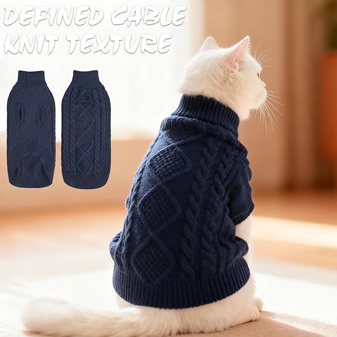 BINGPET Cat Sweater,Thermal Knitted Kitten Clothes Winter Coat,Classic Knit Turtleneck Cat Sweaters for Cats Only,Warm Pet Clothes for Kittens & Small Dogs Puppy Boy Girl Indoor Outdoor(Navy Blue,S)