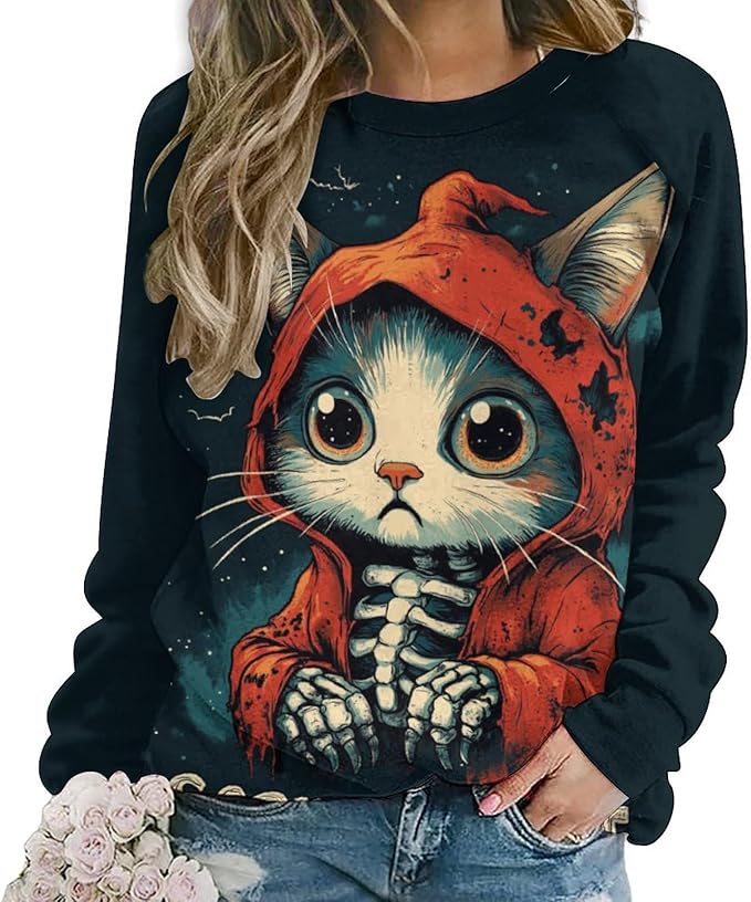 Halloween Sweatshirts for Women Black Cat Print Pullover Crewneck Oversized 2024 Fall Fashion Casual Warm Shirt