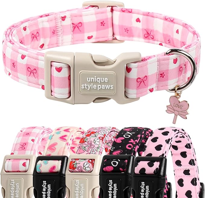 Unique Style Paws Valentine Dog Collar Plastic Buckle with Pendant Pink Grid Bow Love Heart Cotton Puppy Collars for Small Medium Large Dogs