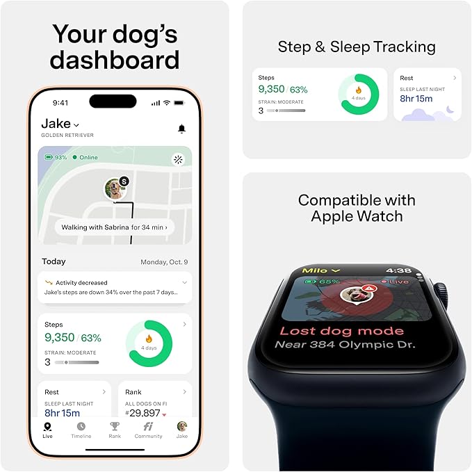 New Fi Series 3+ Smart Dog Tracker Collar [12 Month Membership Included] GPS Tracker for Dogs with Health & Behavior Monitoring, Escape Alerts, Waterproof, LED, Apple Watch Compatible (Yellow, Medium)