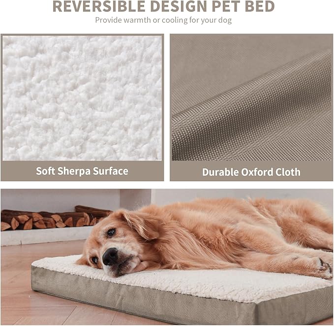 Plush Orthopedic Dog Bed for Medium Dogs & Puppies, Waterproof Dog Beds 30x20 Inch with Removable Washable Cover, Egg Crate Foam Flat Pet Mat, Khaki White