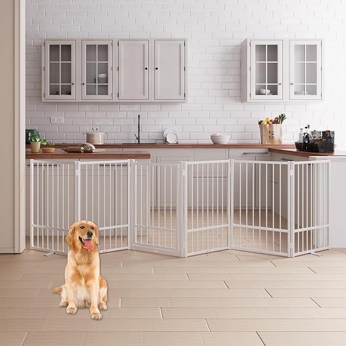 6 Panels Full Metal Freestanding Dog Gates with Door, 120” W x 32” H Folding Pet Gate Fence with Support Feet for Indoor,Stairs, Hallways and Doorways(White)