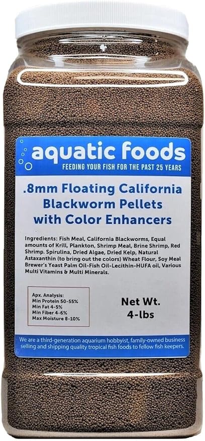 Aquatic Foods Inc. 0.8mm Floating Blackworm Pellets with Color Enhancers & Vitamins for Discus, Cichlids, All Tropicals, Koi and Pond Fish…4-lb Lg Jar