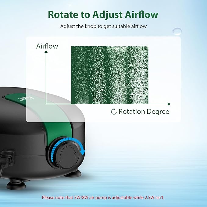 AQQA Aquarium Air Pump Whisper Oxygen Aerator Powerful Fish Tank Air Pump Dual Outlets Adjustable Airflow Bubblers with Air Stone Tubes Check Valves (8W for Up to 160Gal Tank)