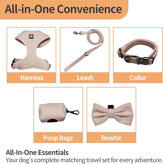 EVERKING 5-Piece Dog Travel Set, Adjustable Harness, Leash, Collar, Poop Bags, Bowtie for Small Medium Dogs, Beige, Breathable No-Pull Design (Beige, XXS)