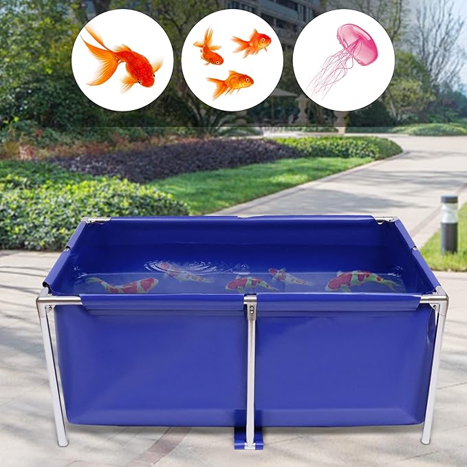 Foldable Canvas Fish Pond, 47.2 * 31.4 * 19.6inch Above Ground Aquarium with Drain Valve, Stainless Steel Frame Koi Tank, Fish Tank for Indoor Outdoor Breeding