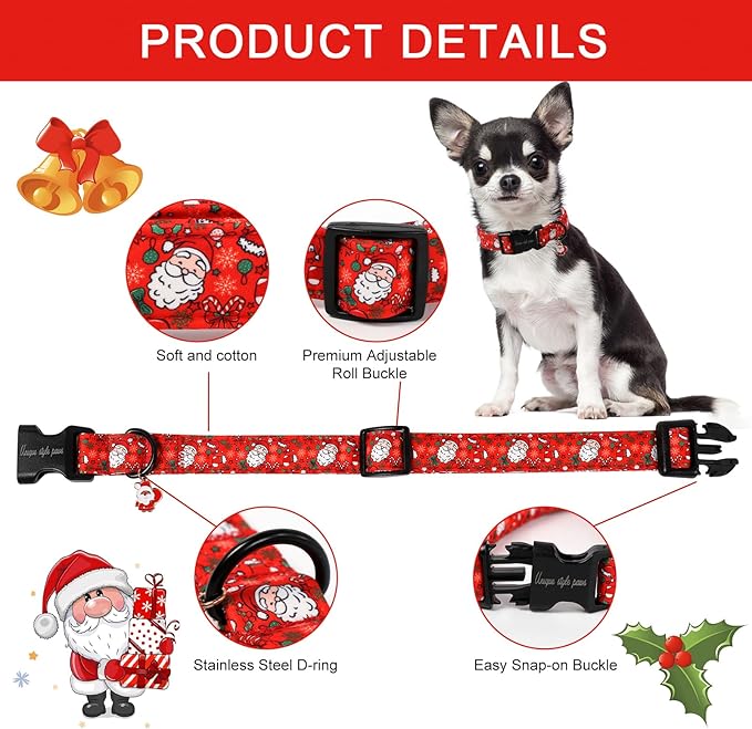 Unique Style Paws Christmas Dog Collar Plastic Buckle with Pendant Red Hat Christmas Man Cotton Puppy Collars for Small Medium Large Dogs