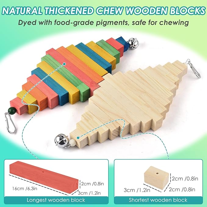 2 Pcs Large Bird Toys, Colorful Natural Wood Block Parrot Chew Sticks Toy with Bell for Amazon, African Greys, Eclectus Parrots, Macaws Chewing Tearing