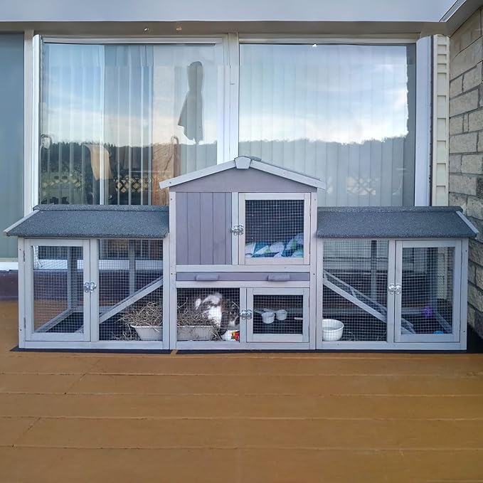 GUTINNEEN Rabbit Hutch Outdoor Large Chicken Coop with Cleaning Tray and Waterproof Roof Wooden Bunny Hutch PVC Floor Bottom for Small and Medium Bunny Rabbit Chick 87.8" L