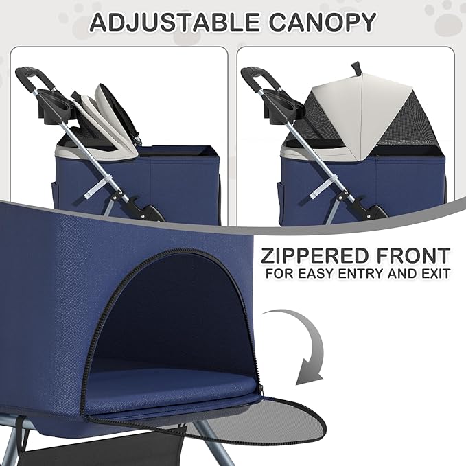 MoNiBloom 3 in 1 Foldable Pet Stroller for Small & Medium Dogs, Detachable Carrier, Car Seat, Push Button Entry, 4-Wheel Jogger for Pets up to 33 lbs, Navy Blue