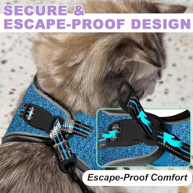 Cat Harness and Leash Set,Escape Proof Kitten Harness,Step in Adjustable Soft Lightweight,Easy Control,Reflective Strips Comfortable for Walking Travel(Blue/Black,XXXS)