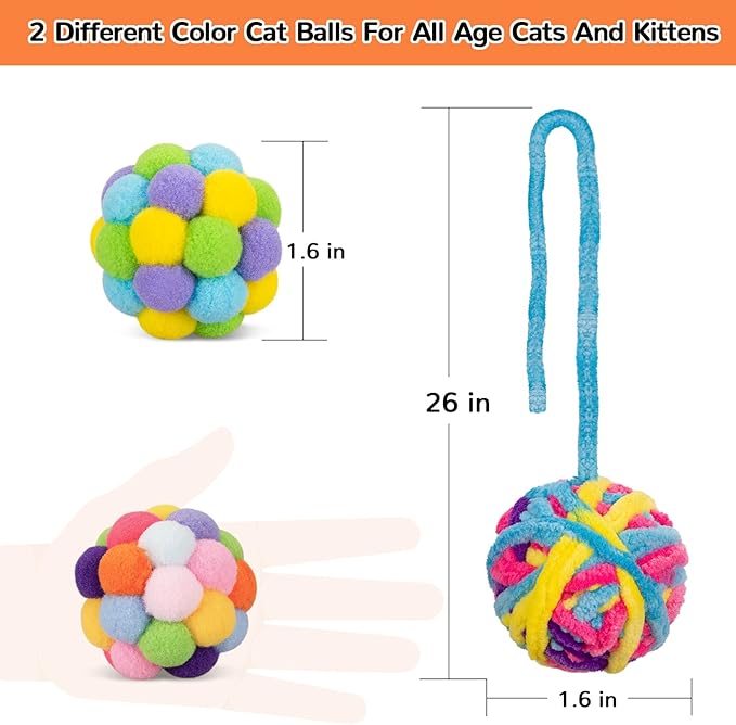 Retro Shaw Cat Toys Balls, 6Pcs Woolen Yarn Cat Ball Toy with Bell Inside, Interactive Kitten Toys for Indoor Cats Kitty, Chew Toys Jingle Pompom Ball with String