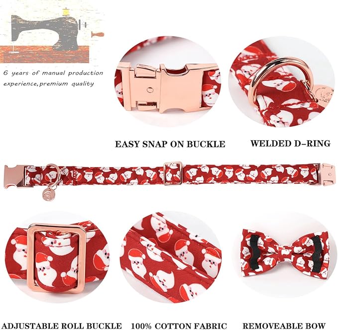 DOGWONG Christmas Santa Dog Collar Bow Adjustable Red Dog Collar Bow Tie Cute Christmas Santa Dog Collar for Small Medium Large Dogs