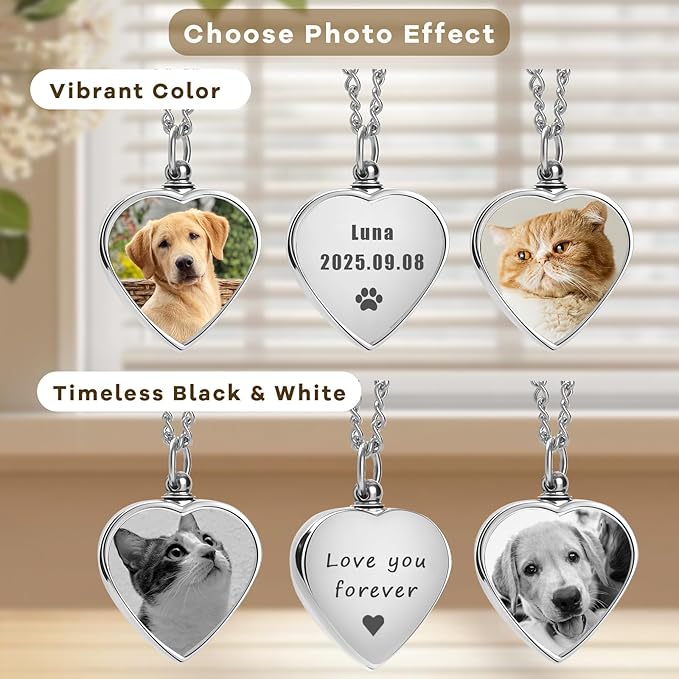 QYH Custom Dog Urn Necklaces for Ashes with Picture - Personalized Text Pet Ashes Necklace, Customized Memorial Gifts for Loss of Dog (Heart)