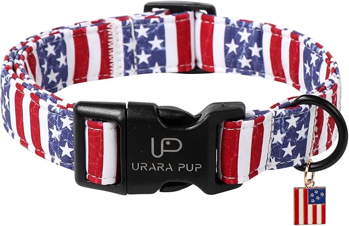 Flag Dog Collar, 4th of July Comfortable Cotton Dog Collars, American Flag Collar for Medium Girl Boy Dogs, Patriotic Collars with Quick Release