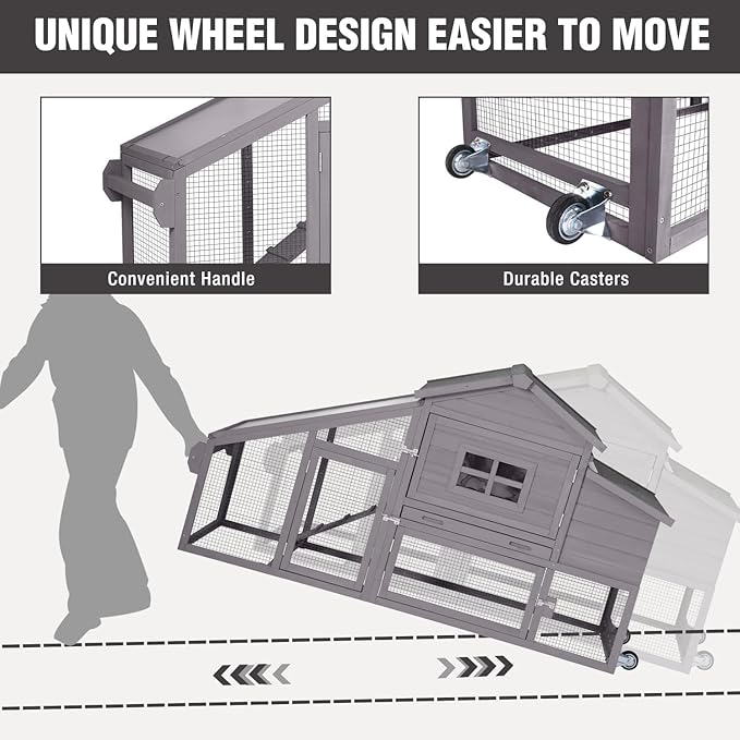 Chicken Coop with Wheels, Mobile Outdoor Chicken House with Leakproof Pull-on Tray, Nesting Box, Waterproof Roof - Grey
