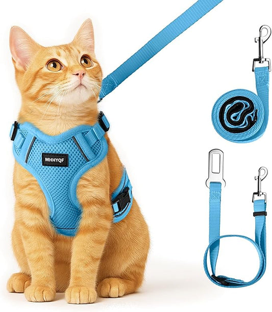 Cat Harness, Cat Harness and Leash for Walking, Escape Proof Soft Adjustable Vest Harnesses for Cats, Easy Control Breathable Reflective Strips Harness, Kitten Harness and Leash Set, Blue, S
