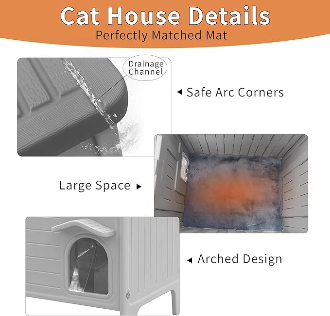 Rockever Waterproof Cat House for Outdoor Cats, Insulated Outdoor Cat House with Soft Mat, Elevated Feral Cat House Outdoor Indoor, Safe Escape Door, Spacious and Clean Easily(M,Grey with Mat)