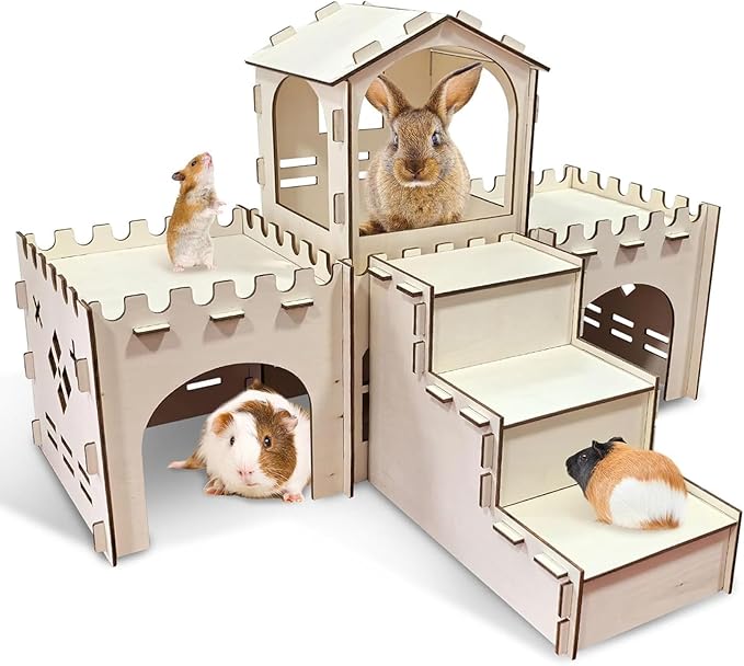 PINVNBY Extra Large Bunny Castles Hideout, Wooden Rabbit House Hide Climbing Detachable Indoor Wooden Hideaway Castle Tower Tunnel for Small Animal Rabbit Bunny Guinea Pig Hamster Chinchilla Ferret