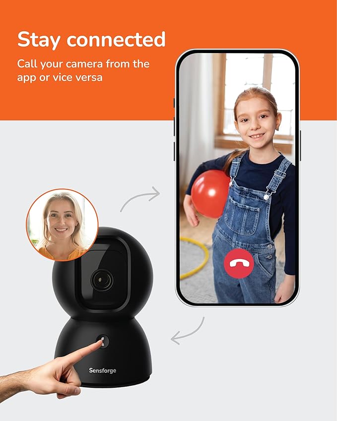 Sensforge 2.5K Black Indoor Pan-Tilt Dome Security Camera, AI Human & Pet Detection, 360° Coverage, Two-Way Audio, Dual-Band Wi-Fi (2.4G/5G), 64GB SD Card Included, No Monthly Fees