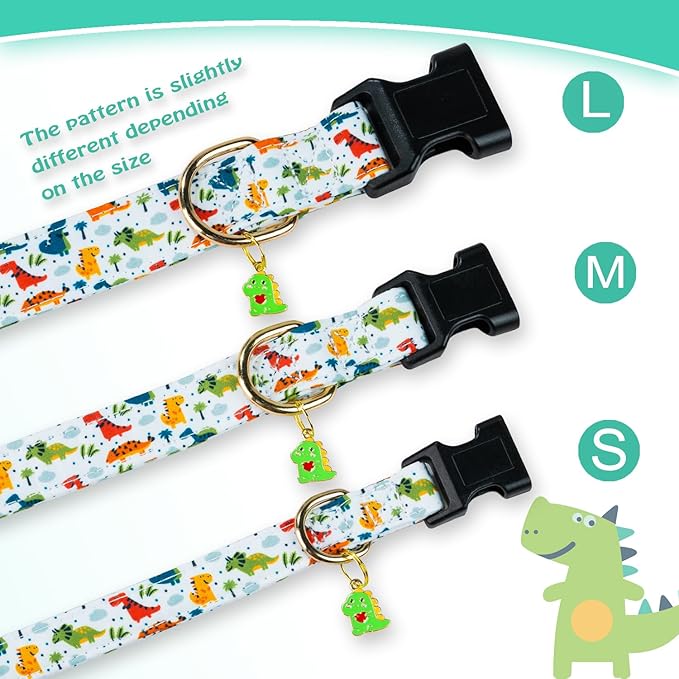 Cute Cotton Dog Collar - Special Design White Dinosaur Collar for Small, Medium, Large Dogs - Soft, Adjustable, Male Dogs, Puppy Collars