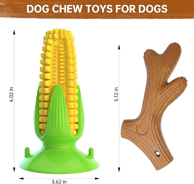 POPET Dog Chew Toys Bundle – Corn Dental Stick & Splinter-Free Antler Wood Toy, Tough Squeaky Interactive Toys for Puppies to Large Breeds, Indoor Outdoor Use