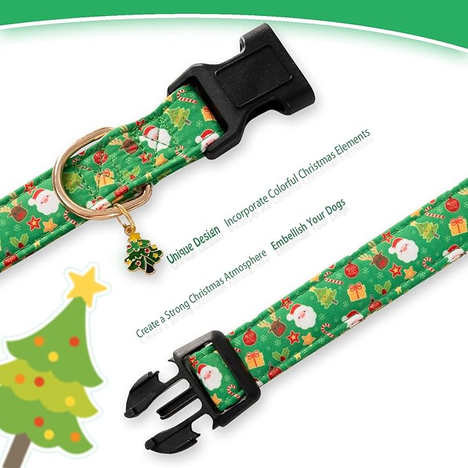 Green Christmas Dog Collar for Small Medium Large Dogs - Special Design Cute Collar for Girl Boy Puppies - Soft Adjustable Christmas Trees Charm for Male Dogs M