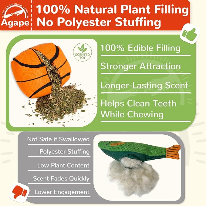Agape 100% Catnip & Silvervine Filled Cat Toys, Interactive Chew & Kicker Balls for Indoor Cats, Enrichment and Teeth Cleaning Fun for Bored Cats and Kittens, 4 Pack Natural Crinkle Cat Toy with Sound