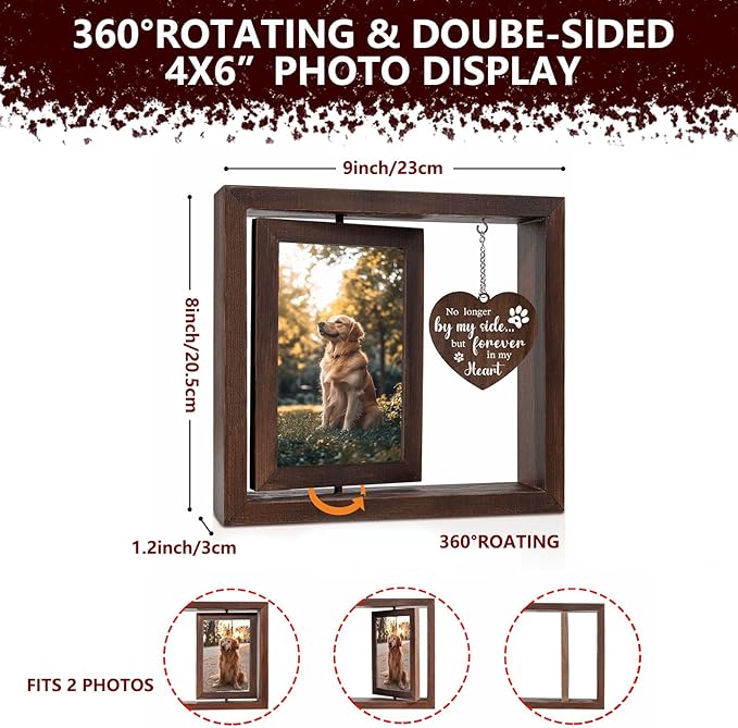 Dog Memorial Gifts for Loss of Dog Sets, 4x6”Rotating Wooden Photo Frame and 8MM Rainbow Bridge Bracelet for Beloved Cats and Dogs Pet Memorial Gifts for Dog Cat Dog Bereavement Gifts (Black)