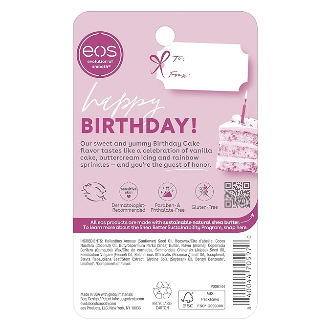 eos Shea Lip Balm, Birthday Cake | All-Day Moisture | 0.25 oz | Pack of 2