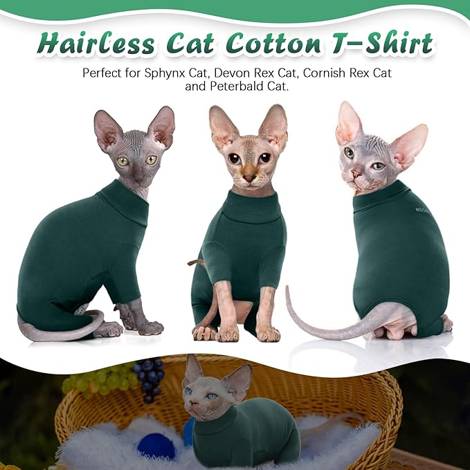 ROZKITCH Hairless Cat Clothes, Breathable Soft Jumpers for Cats Only, Coat with Four Legs, Warm Sweater T-Shirt Cat Pajamas Jumpsuit Vest Cornish Rex Devon Rex Peterbald DarkGreen 2XL