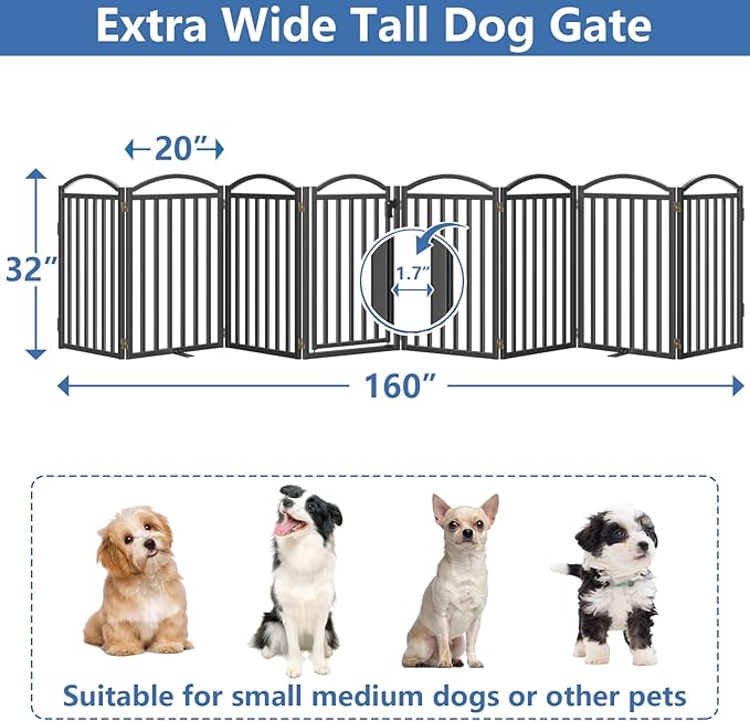 Malier Metal Freestanding Dog Gates with Door, 32'' Height Outdoor Indoor Dog Fences, Extra Wide Foldable Puppy Gate for Stairs (Black, 【8 Panels with Door】 160''W × 32''H)