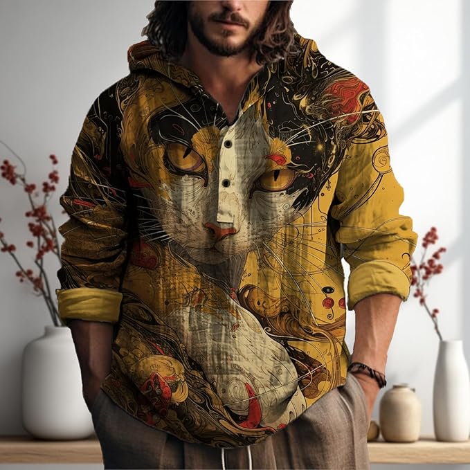 MARSVOVO Japanese Art Animal Hooded Shirt for Men Long Sleeve Quarter Button Lightweight Hoodie Cool Streetwear Tops