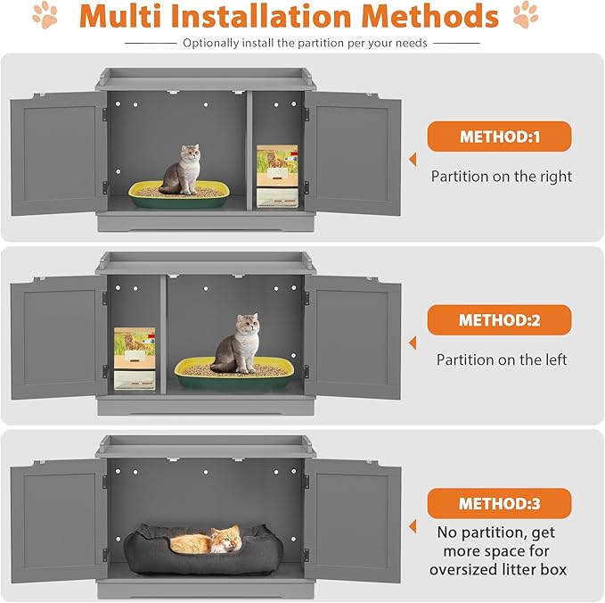 Cat Litter Box Enclosure Furniture Wooden w/Adjustable Divider, Indoor Cat House Storage Cabinet,End Table,for Large Cats, Grey