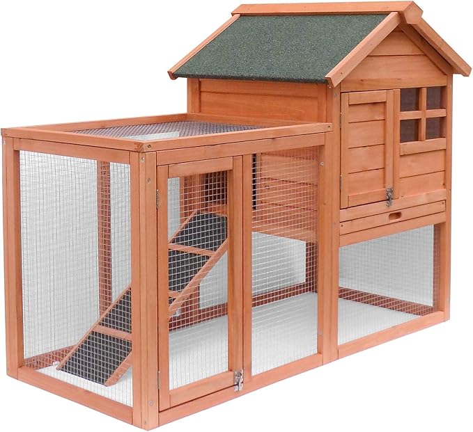 48" L 2 Levels Outdoor Rabbit Hutch Weatherproof Bunny Hutch Outside Wooden Rabbit House Cage Small Animal Houses & Habitats with Ramp, Pull-Out Tray, Asphalt Roof, for Rabbits Chicken Guinea Pigs