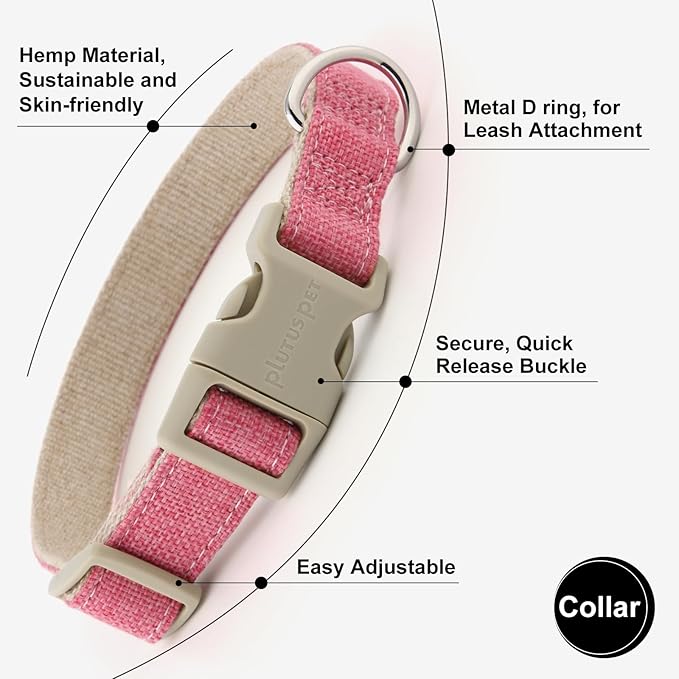 Plutus Pet Cotton Hemp Dog Collar and Leash Set, Adjustable Collar for Small, Medium, and Large Dogs, Heavy Duty and Soft on Skin, Hot Pink, L