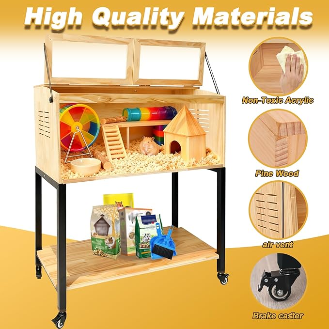 Wooden Hamster Cage with Storage Shelf, Hamster Cage, Pine, Guinea Pig Cages, 31.5' L× 15.7' W × 38 ' H, Large Animal Cages with Storage Shelf for Guinea Pig,Chinchilla,Rat, Bunny,etc.