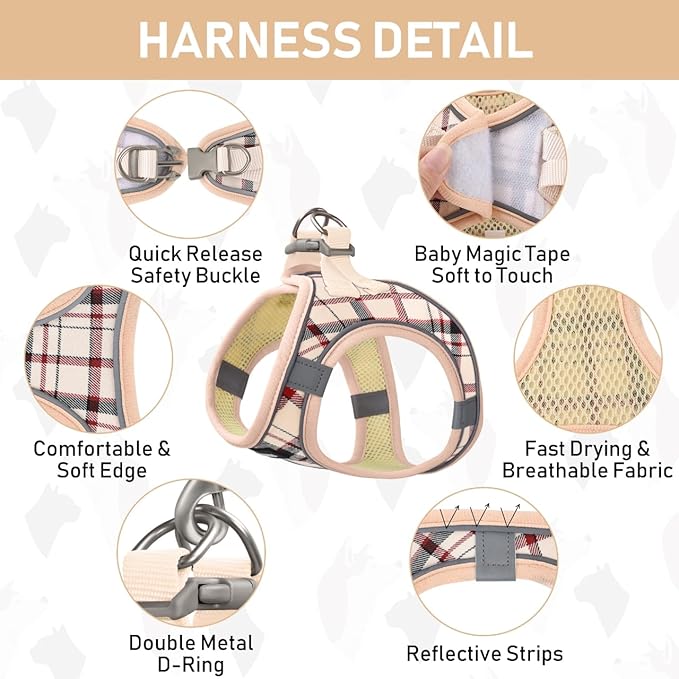 GAMUDA Small Dog Harness Collar and Leash Set, Step in No Chock No Pull Soft Mesh Adjustable Dog Vest Harnesses Plaid Reflective for Dogs Puppy Cats Kitten Rabbit (Beige, XL)