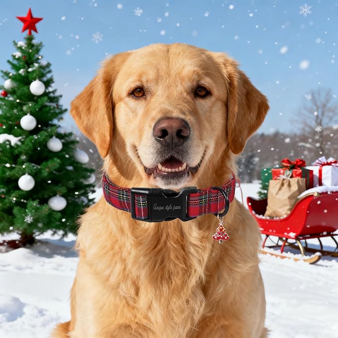 Unique Style Paws Christmas Dog Collar Plastic Buckle with Pendant Red Scottish Grid Cotton Puppy Collars for Small Medium Large Dogs