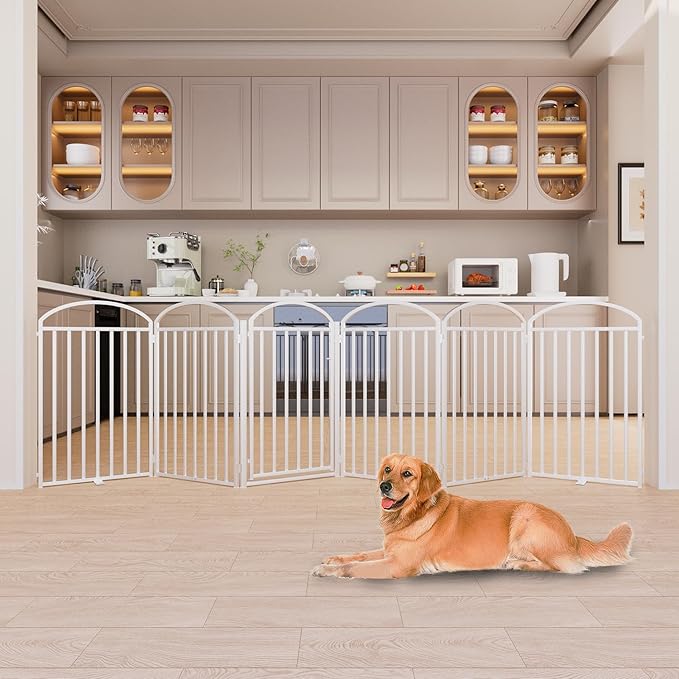 6 Panels Full Matel Freestanding Dog Gates with Door, 144"Extra Wide 36"Tall Free Standing Dog Pet Gate for Indoor & Outdoor. Foldable Pet Fences for Doorways, House, Stairs, Porch, Deck, Yard