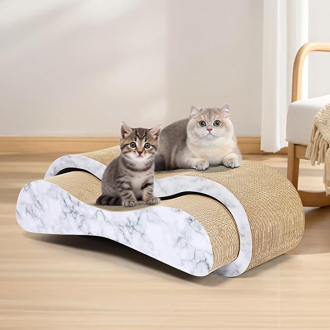 2 in 1 Cat Scratcher Cardboard Lounge Bed, Cat Scratching Post, Durable Board Pads Prevents Furniture Damage,Large,Marble White