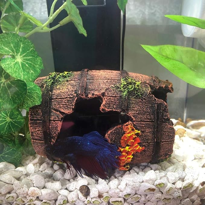 SLOCME Aquarium Broken Barrel Decorations - Betta Cave Hideout Wood Trunk Log for Fish Tank