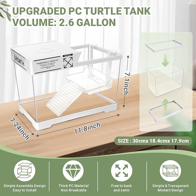 GOZILLA Mini Aquatic Turtle Tank Kit with Adjustable Lamp,PC Turtle Tank Starter Kit,Small Hermit Crab Tanks with Lid, Hanging Platform for Baby Turtles,Crabs,Fish.(11.8×7.24×7.1''/White Kit)