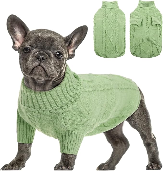 Queenmore Small Dog Pullover Sweater, Cold Weather Cable Knitwear, Classic Turtleneck Thick Warm Clothes for Chihuahua, Bulldog, Dachshund, Pug, Yorkie (Green, Medium)