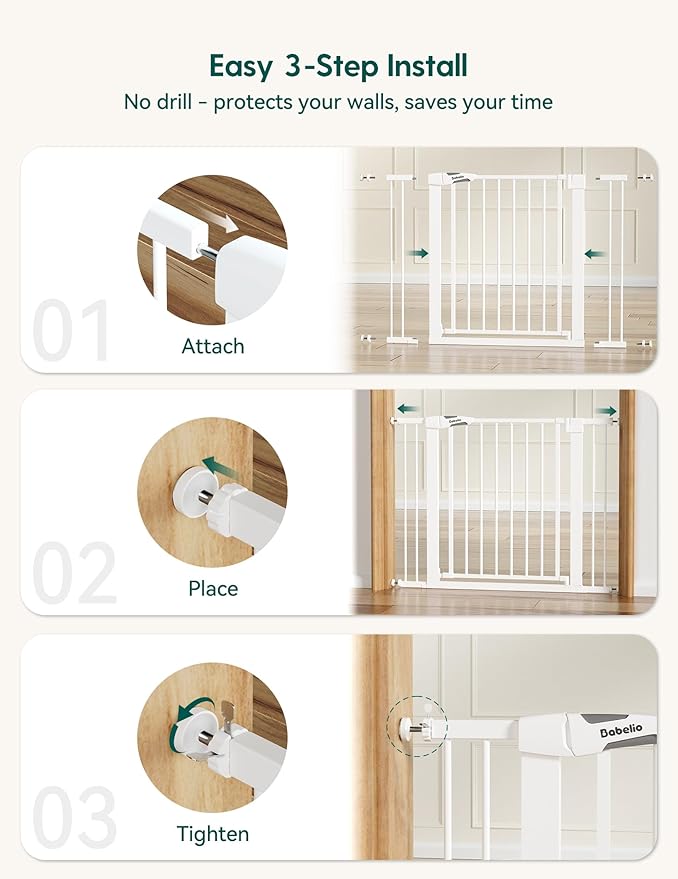 BABELIO 29-55 Inch Extra Wide Baby/Dog Gate, PressGuard P7, Metal Auto Close, Pressure Mounted Pet Door for Doorways, NO Need Tools and Drilling, with Wall Cups, White